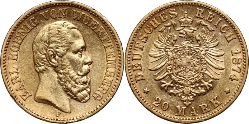 Germany, Württemberg, Karl I, 20 Mark 1874 F, Stuttgart Gold 7,91 g. Złoto 7,91 ...