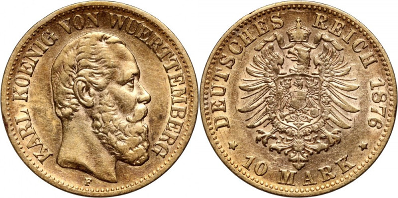 Germany, Württemberg, Karl I, 10 Mark 1876 F, Stuttgart Gold 3,92 g. Złoto 3,92 ...