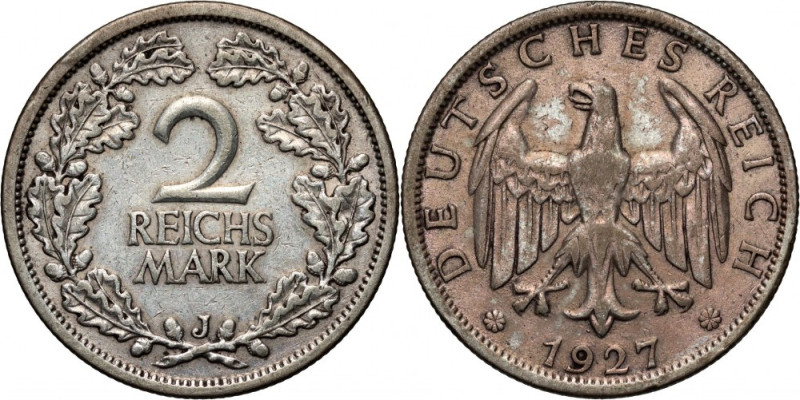 Germany, Weimar Republic, 2 Mark 1927 J, Stuttgart Scarce mint. Mintage 539500 p...