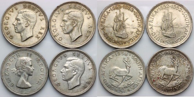 South Africa, set of 5 shilling coins from 1949-1958, (4 pieces) Silver, weight ...