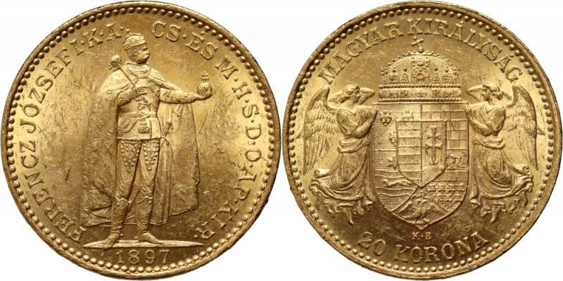 Hungary, Franz Joseph I, 20 Korona 1897 KB, Kremnitz Gold 6,77 g.
 Złoto 6,77 g...