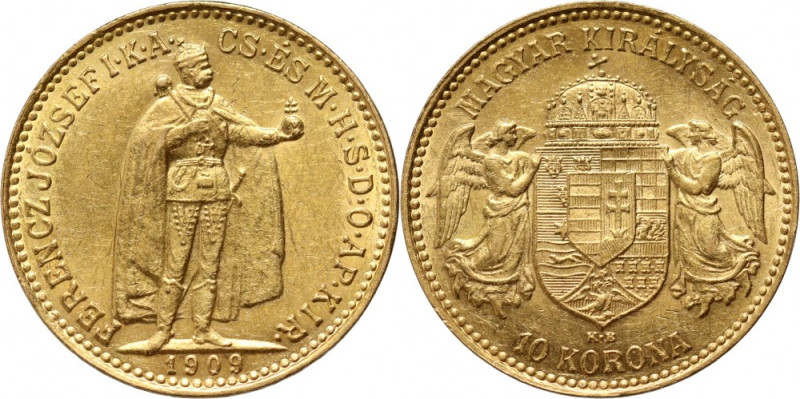 Hungary, Franz Joseph I, 10 Korona 1909 KB, Kremnitz Gold 3,37 g.
 Złoto 3,37 g...