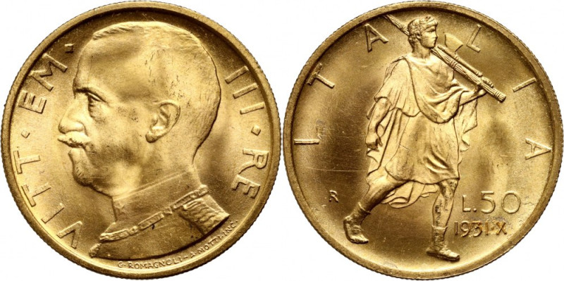 Italy, Vittorio Emanuele III, 50 Lire 1931-X R, Rome Gold 4,39 g. Mint state. Zł...