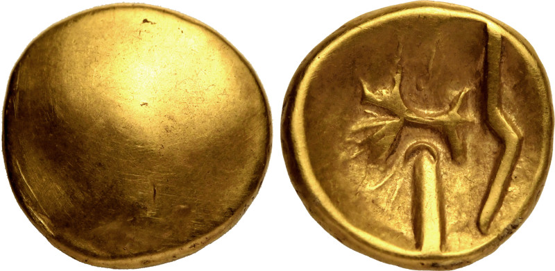 CELTIC. NORTHERN GAUL, MORINI. 
Gold 1/4 Stater, circa 60-30 BC. 
'Uniface Tre...