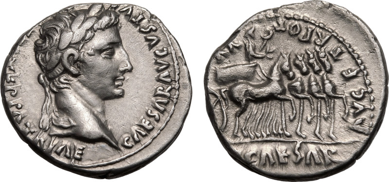 ROMAN EMPIRE. Augustus with Tiberius (Caesar). 
Silver Denarius, AD 13-14. Lugd...