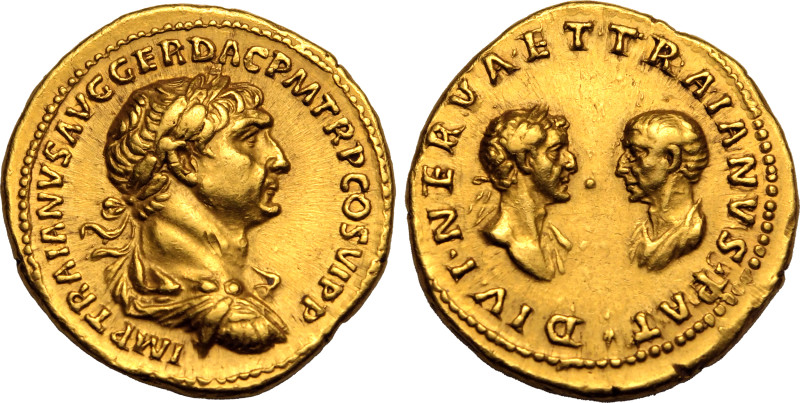 ROMAN EMPIRE. Trajan with Trajan Pater and Nerva. 
Gold Aureus, AD 112-113. Rom...