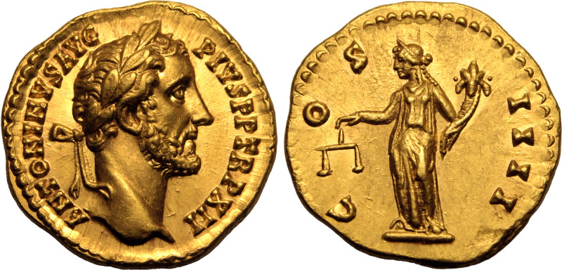 ROMAN EMPIRE. Antoninus Pius.
Gold Aureus, AD 148-149. Rome.
Obv: ANTONINVS AV...