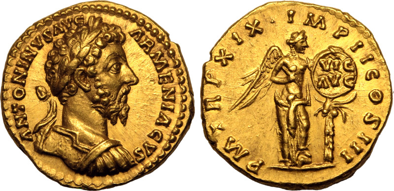 ROMAN EMPIRE. Marcus Aurelius. 
Gold Aureus, AD 164-165. Rome. 
Obv: ANTONINVS...