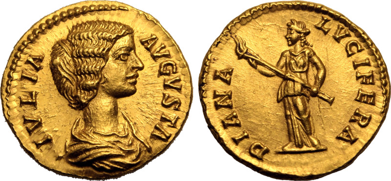 ROMAN EMPIRE. Julia Domna (wife of Septimius Severus). 
Gold Aureus, AD 196. Ro...