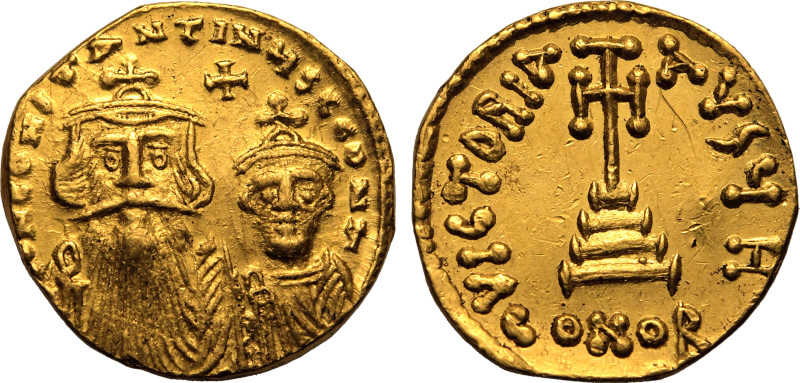 BYZANTINE EMPIRE. Constans II with Constantine IV. 
Gold Solidus, AD 654-659. C...