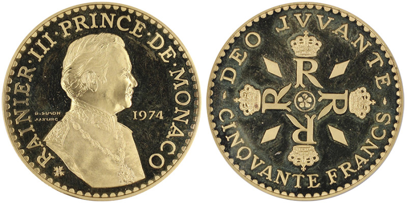 Rainier 1949-2005, Piéfort de 50 Francs, Ving-cinq années de regne, 1974, AU 102...