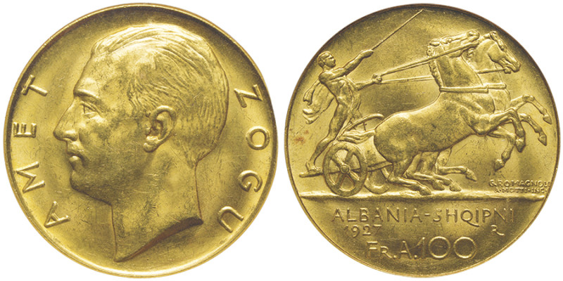 Amet Zogu I 1928-1939, 100 Franga, Rome, 1927 R, sans étoiles sous le buste, AU ...