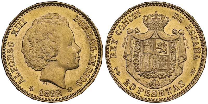 Alfonso XIII 1886-1931
20 Pesetas, Madrid, 1892 PG M, AU 6.45 g. Ref : Fr. 346,...