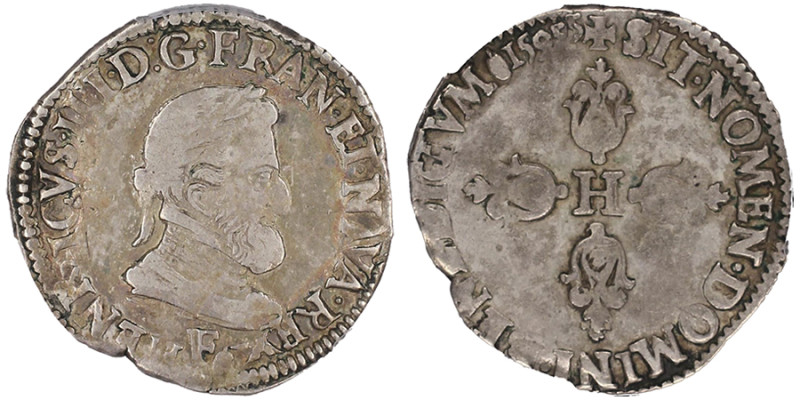 Henri IV 1589-1610, 
1/2 Franc buste lauré à droite, cours légal de 10 sols tour...