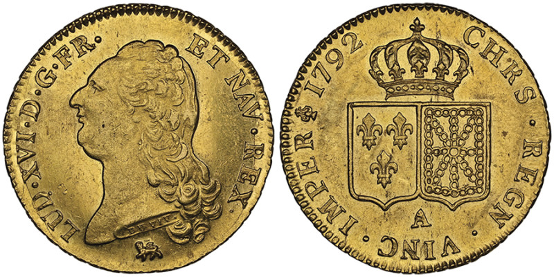 Louis XVI 1774-1792, Double Louis d'or, Paris 1792 A, AU 15.28 g. 1er sem. 
Ref ...