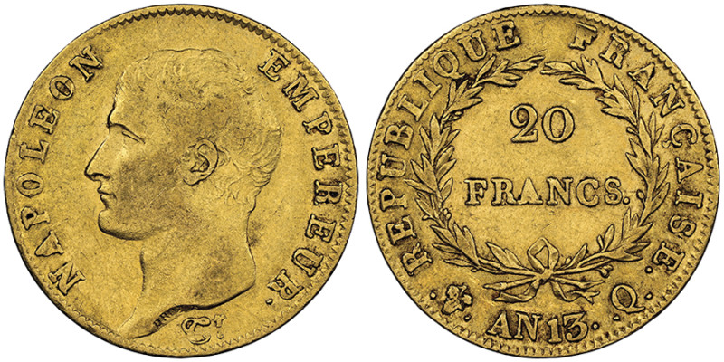 Premier Empire 1804-1814
20 Francs, Perpignan, AN 13 Q, AU 6.45 g.
Ref : G.1022,...