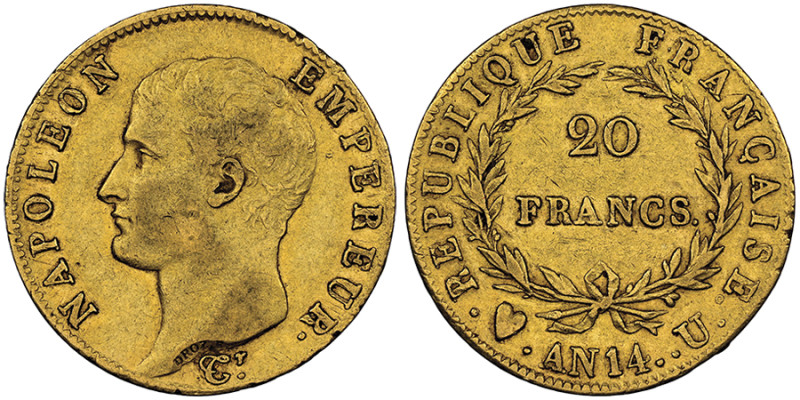 Premier Empire 1804-1814
20 Francs, Turin, AN 14 U, AU 6.45 g.
Ref : G. 1022, Pa...