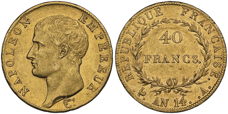 Premier Empire 1804-1814
40 Francs, Paris, AN 14 A, AU 12.9 g.
Ref : G.1081, Fr....