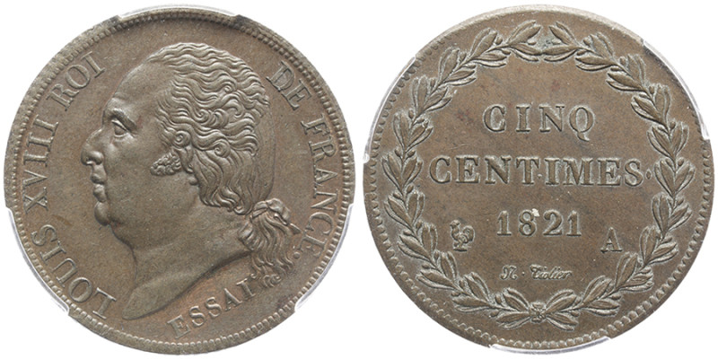 Louis XVIII 1815-1824
Essai de 5 centimes de Tiolier, Paris, 1821,
AE 7.6 g.
Ave...