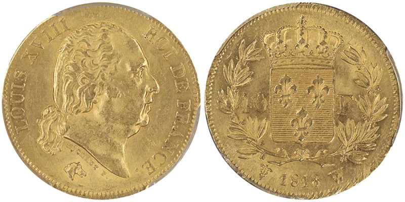 Louis XVIII 1815-1824, 40 Francs, Lille, 1818 W, AU 12.9 g.
Ref : G. 1092, Fr. 5...