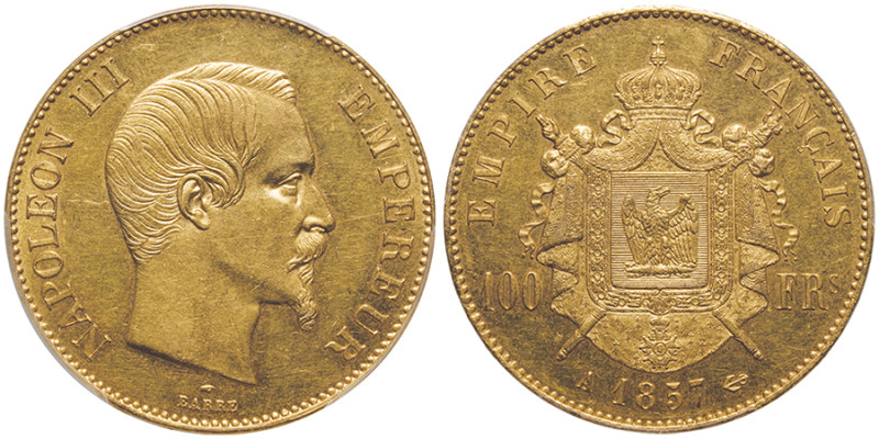 Second Empire 1852-1870
100 Francs, Paris, 1858 A, AU 32.25 g. 
Ref : G.1135, Fr...