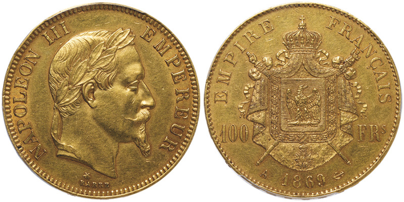 Second Empire 1852-1870
100 Francs, Paris, 1869 A, AU 32.25 g. 
Ref : G.1136, Fr...