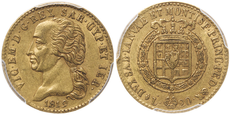 Vittorio Emanuele I 1802-1821
20 lire, Torino, 1819 L, AU 6.45 g.
Ref : Cud. 113...