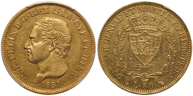 Carlo Felice 1821-1831
80 lire, Torino, 1831 (P), AU 25.8 g.
Ref : Cud. 1143n (R...