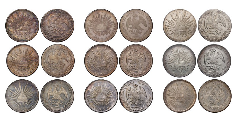 Lot de 9 monnaies de 8 reales en argent en TTB :
8 Reales, Guanajuato, 1841 Go P...