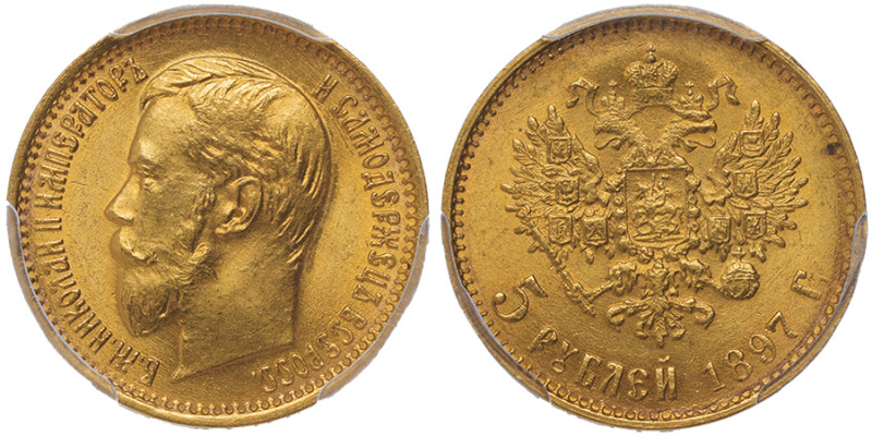 Nicolas II 1894-1917
5 Roubles, St. Petersburg, 1897 AГ, AU 4.3 g. 
Ref : Fr. 18...