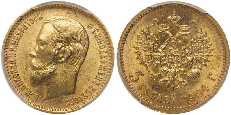 Nicolas II 1894-1917
5 Roubles, St. Petersburg, 1904 AP, AU 4.3 g. 
Ref : Fr. 18...