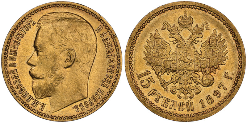 Nicolas II 1894-1917
15 Roubles, Saint-Pétersbourg, 1897, AU 12.88 g.
Ref : Fr.1...