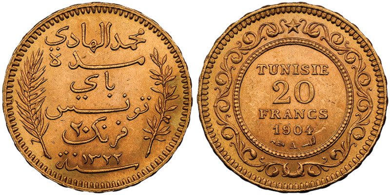 TUNISIE
Mohamed El Hadi, Bey, 1320-1324,(1902-1906)
20 Francs, AH 1322, 1904, ...