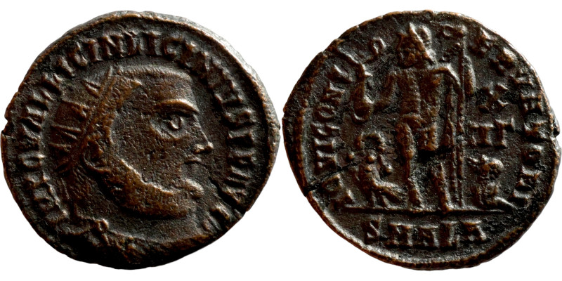 Licinius I. (321-323 AD). Follis. Obv: IMP C VAL LICIN LICINIVS P F AVG. laureat...