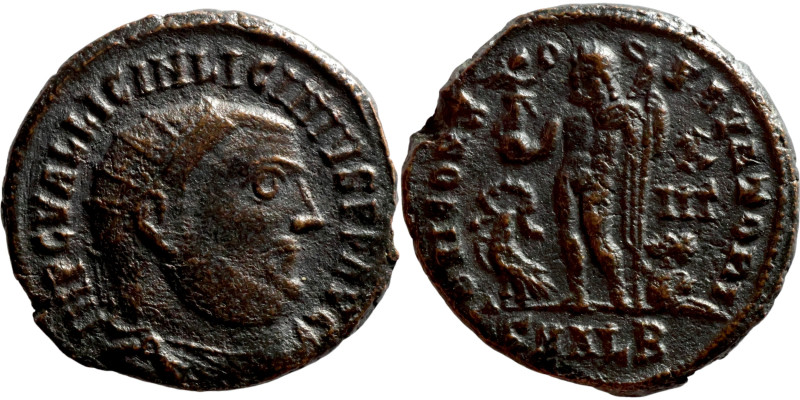 Licinius I. (321-323 AD). Follis. Obv: IMP C VAL LICIN LICINIVS P F AVG. laureat...