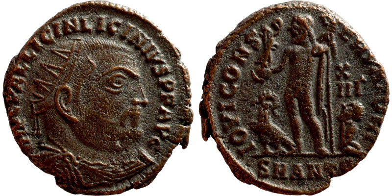 Licinius I. (321-323 AD). Follis. Obv: IMP C VAL LICIN LICINIVS P F AVG. laureat...