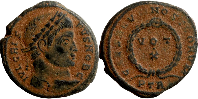 CRISPUS (Caesar, 316-326). AE20 Follis. CRISPVS NOB CAES - Laureate, draped and ...