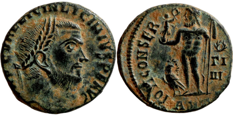 Licinius I. (321-323 AD). Follis. Obv: IMP C VAL LICIN LICINIVS P F AVG. laureat...