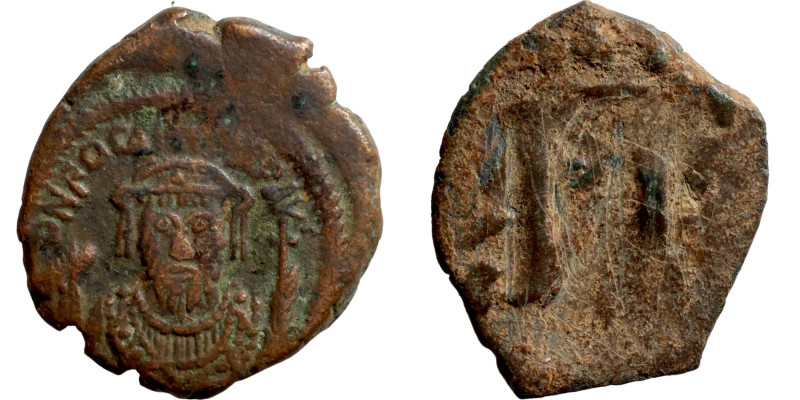 PHOCAS.(602-610). Half Follis. Cyzicus. Obverse: DN FOCAS PERP AVG. Crowned, man...