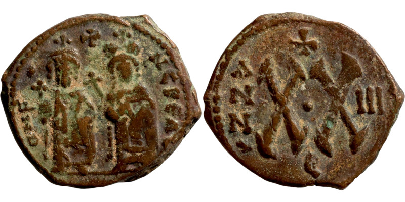 Phocas and Leontia.(602-610). Half Follis. Obverse: Standing Phocas and Leonita ...