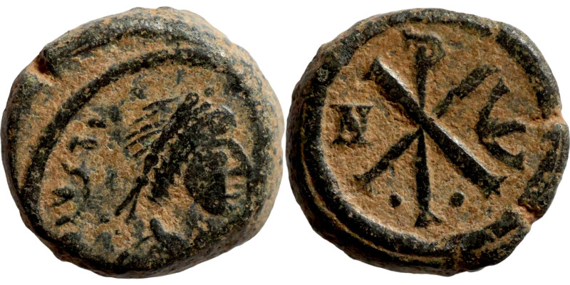 Justin I, Pentanummium. Obverse: :D N IVSTINVS PP AVG, diademed, draped, and cui...