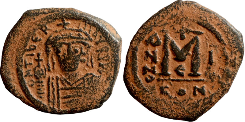 *First year of reign* Maurice Tiberius, Follis. Constantinople. Obverse: Armoure...