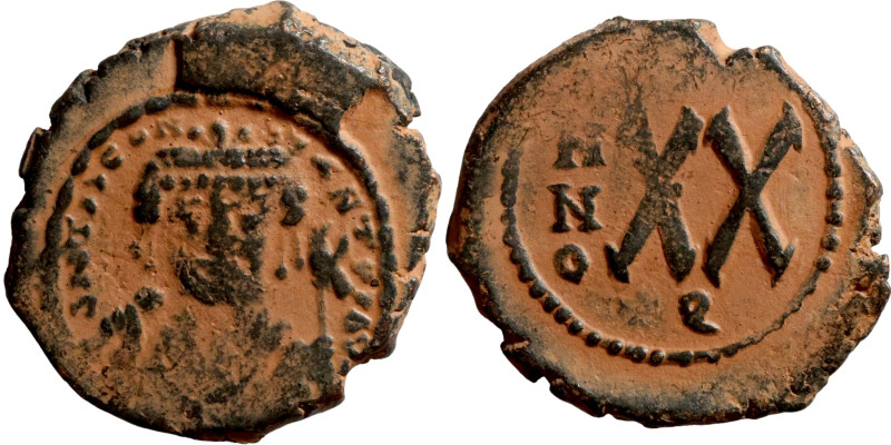 Maurice Tiberius,, Half Follis. Antioch. Obverse: Crowned bust facing, wearing c...