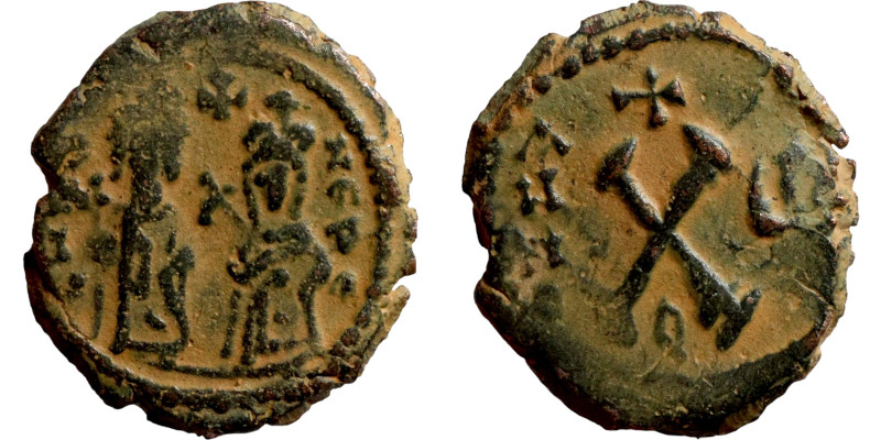 Phocas (602-610). Decanummium. Obverse: DN FOCAS PERP AVG. Crowned, mantled bust...