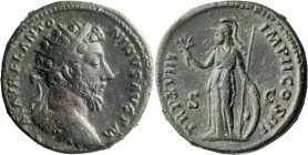 Marcus Aurelius. Dupondius; Marcus Aurelius; 161-180 AD, Rome, 164 AD, Dupondius, 13.21g. BMC-p. 558 note. Obv: M - AVREL ANTO - NINVS AVG P M Bust ra...