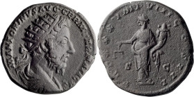 Marcus Aurelius. Dupondius; Marcus Aurelius; 161-180 AD, Rome, 177 AD, Dupondius, 9.93g. BMC-1542 note. Obv: M ANTONINVS AVG GERM SARMATICVS Bust radi...