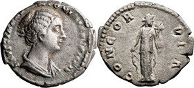 Faustina II. Denarius; Faustina II; Rome, Denarius, 3.07g. BM-500 (Gotha only with this coiffure). Obv: FAVSTINA [AVG ANT]ONINI AVG PII FIL Bust drape...