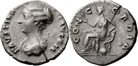 Faustina II. Denarius; Faustina II; Rome, 152 AD, Denarius, 3.00g. Strack-506. Obv: FAVSTINA A[VG - P]II AVG FIL Bust draped left. Rx: CON - CORDIA Co...