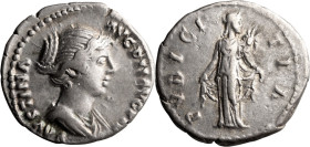 Faustina II. Denarius; Faustina II; Rome, Denarius, 3.33g. Strack-509 (citing Sofia only). Obv: FAVSTINA - AVG PII AVG [FIL] Bust draped r. Rx: PVDICI...