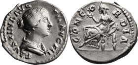 Faustina II. Denarius; Faustina II; Rome, Denarius, 3.50g. BM-1088. Obv: FAVSTINA AVG - PII AVG FIL Bust draped r. Rx: CONCO - RDIA Concordia seated l...